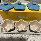 Le Creuset 3 Piece Mini Cocotte Flower Shaped Ramekins W lids Turquoise Nib