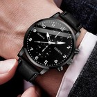 Men Watch Black Leather Strap Band Round Dial Analog Man Wristwatch Bracelet Set