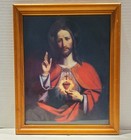 Vintage Sacred Heart Of Jesus Print In A Wooden Frame Catholic Art  12 X 9  Vtg