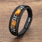 Tiger Eye Black Leather Bracelet Men Energy Crystal Stone Healing Reiki Gift Us