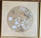 Japanese Silk Art Framed Pair Chinoiserie Bird Flowers Watercolor Signed Vintage
