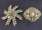 Set Of Two Vintage Jeweled Brooches With Intricate Filagree And Star Cluster 