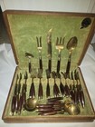 Mcm Mid Century Brass   Rosewood Flatware Set  Vintage Unmarked 36 Piece Lot