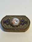 Antique French Jeweled Trinket Box Enamel Portrait Gilt Metal Vanity Casket