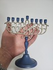 Vintage Hanukkah Menorah Chanukiah Judaica Silver Plated Brass Blue Filigree