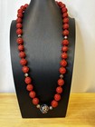 Vtg Chinese Cinnabar Cloisonn   Silver Clasp Necklace Hand Knotted Red Floral 