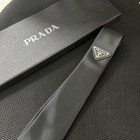 Prada Gloss Black Silk Designer Tie Silver Triangle Logo Branded Box Included