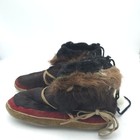 Vintage Handmade Fur Mukluk Boots Moccasins Leather Lace Pom Pom Brown