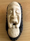 Antique Stone Hand Carved Chinese Face Figurine On Wood Wall Hanging