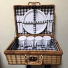 Wicker Picnic Basket Lined Suitcase Style With Plastic Dishes