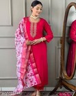 3 Pcs Pink Rayon Cotton Embroidered Work Kurta Pant Dupatta Set For Women Gift
