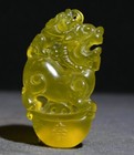 4cm Old Chinese Dynasty Natural Yellow Agate Carve Dragon Lion Amulet Pendant