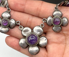 Vintage Taxco Mexico Sterling Silver Amethyst Cabochon Collar Necklace 17 