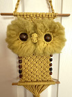 Vtg 70s Macrame Owl Wall Hanging Gold Cord Wooden Bead Eyes Boho 20 5    Handmade
