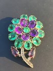 Vtg Statement Eisenberg Style Flower Brooch 3    Faux Plastic Emerald   Amethyst