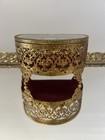 Vintage  Ormolu  Filigree  Half Round  Jewelry Casket  Beveled Glass Lid  Red