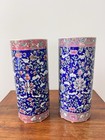 Pair Chinese Signed Famille Hand Painted Hat Stand Vases Chinoiserie Blue Pink