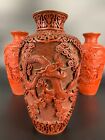 Three Chinese Carved Cinnabar Lacquer Vases  One Decorated With Dragons And The