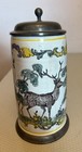 Vintage German Beer Stein Deer Stag In Forest Handpainted Scene Pewter Mounts 8 