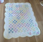 Vtg Hand Quilted Baby Blanket Scalloped Edge Patchwork Front Yellow Flannel Back