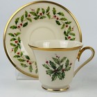 Lenox Holiday Cup   Saucer Set Ivory Holly Berries Gold Trim Usa Christmas Vtg