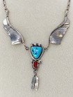 Native American Sterling Silver Turquoise   Coral Feather Necklace Signed M 14g