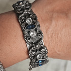 Antique Silver Art Nouveau Blue White Paste Rhinestone Ornate Cuff Bracelet