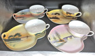 Vtg Japan Teacups W biscuit Trays Meito China Hand Painted Pink yellow blue Set