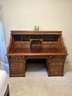 Antique Victorian Roll Top Desk Brass Hardware Gold Embossed Leather