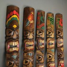 Set Of 5 Double Tiki Mask Totem Wall Decor Hand Carved Tribal Sculpture 40 Inch