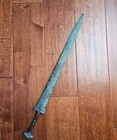Ancient Chinese Bronze Sword Jian Han Style Engraved Lattice Green Patina Art