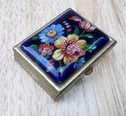 Vintage Brass Enamel Trinket pill Box     Floral Design