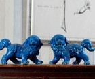 11 Inches 1 Pair Chinese Blue Porcelain Foo Fu Dog Guardion Lion Ceramics Statue