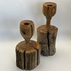 Vtg Pair Rustic Primitive Locust Wood Carved Taper Candle Holders Folk Art