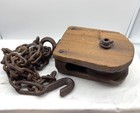 Antique Barn Pulley Block And Tackle Iron Chain Wood Rustic Farmhouse