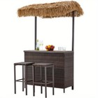 Outdoor 3 Pieces Wicker Patio Bar Set W 2 Height Stools  Storage Shelf  Canopy