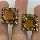Vtg Art Deco Brown Princess Cut Rhinestone Goldtone Square Earrings Huggie Clip