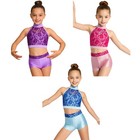 Girls Crop Top And Shorts Two   piece Set Gymnastics Lace Patchwork Dance Outfit