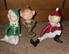 Vintage 1950 s Pixie Elves Elf Handpainted Ceramic Figurine Green Gold Red  
