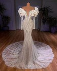 Sparkly Beaded Mermaid Evening Dress Off   shoulder Puffy Sleeves Party Prom Gowns