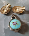 Vintage Mid Century Oval Guilloche Enamel Rose Earrings And Pendant Lot