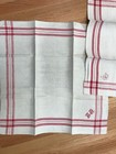 4 Antique French Homespun Linen Kitchen Towels Torchon Red Stripe Mono  2