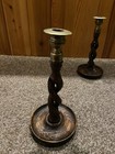 Pair Set Antique English Oak Open Barley Twist Candlesticks Candle Holder Brass