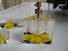 Lovely Vintage Reverse Carved Lucite Yellow Roses 3 Piece  Vanity Dresser Set