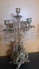 Pair Antique Victorian Brass Girandole Candelabras Rococo 5-light Crystal Prisms