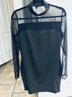 Black Mesh Glitter Sheer Bodycon Dress Mock Neck Long Sleeve Short Party
