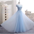 Blue Off Shoulder Tulle Dress Short Midi Libg Prom Dress Lace A Line Evening Gow