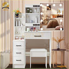 Vanity Makeup Table Stool Set With Drawers And Led Sliding Mirror Dressing Desk