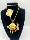 Vintage Rare Signed Ro-do Chunky Gold Fish Necklace Gemstones Saks Nos 1980s 24   