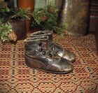 Primitive Antique Vtg 1800s Victorian Black Brown Leather Button Baby Shoes